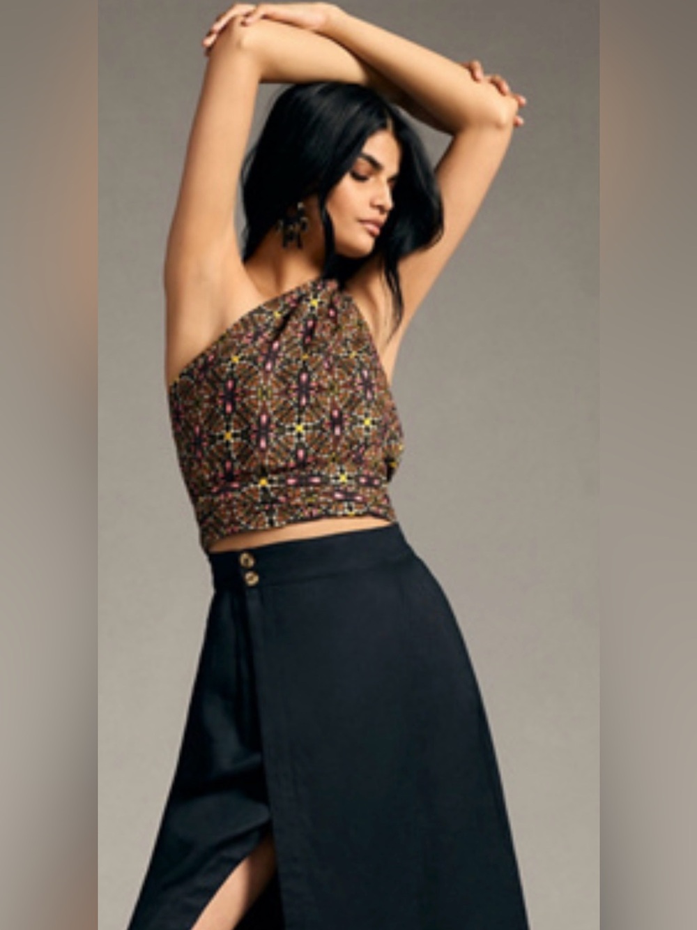 Anthropologie Linen Print One-Shoulder Crop Top